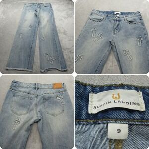Austin Landing Baggy Jeans Women 32x31 Y2K‎ Cross Studded Frayed Hem Festival 9